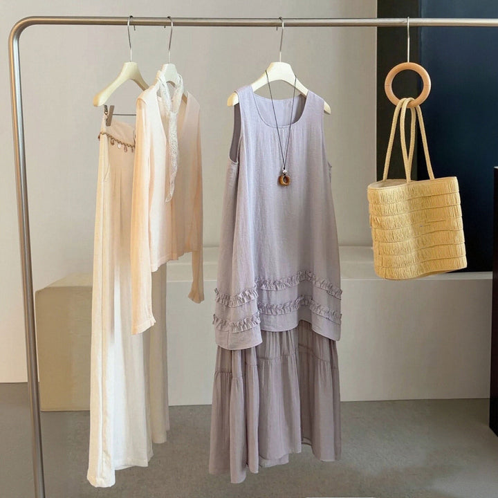 シワ加工ロングドレス ナチュラル韓国系 ワンピース — Reina Tokyo