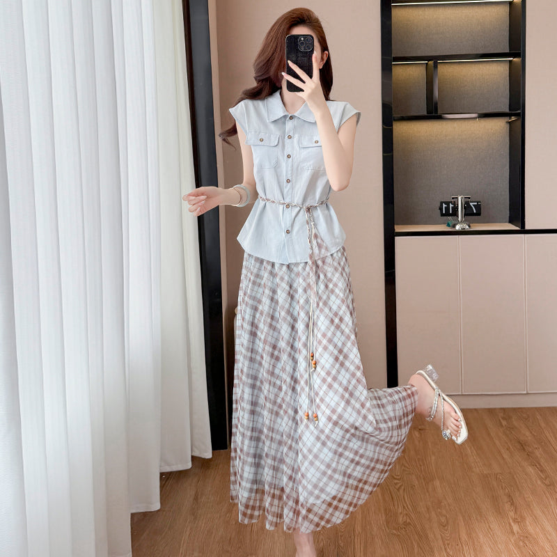 ノースリーブシャツ チェック柄ロングスカート セットアップ — Reina Tokyo