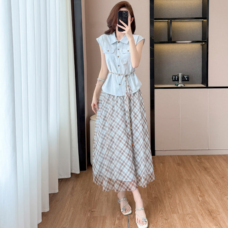 ノースリーブシャツ チェック柄ロングスカート セットアップ — Reina Tokyo