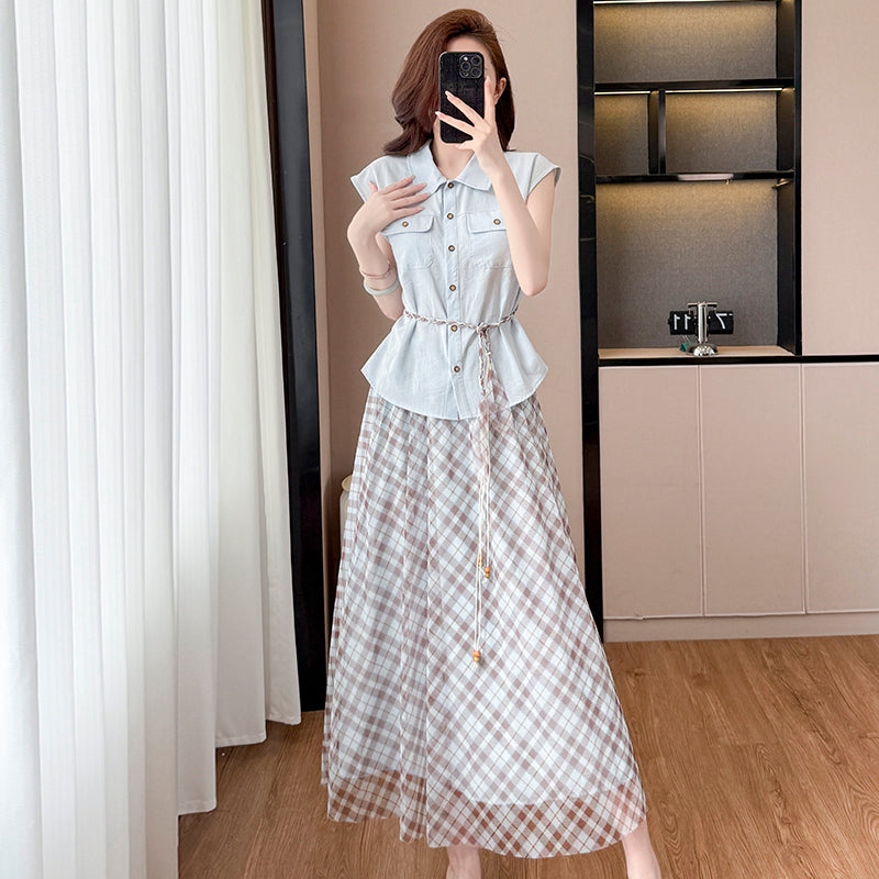 ノースリーブシャツ チェック柄ロングスカート セットアップ — Reina Tokyo