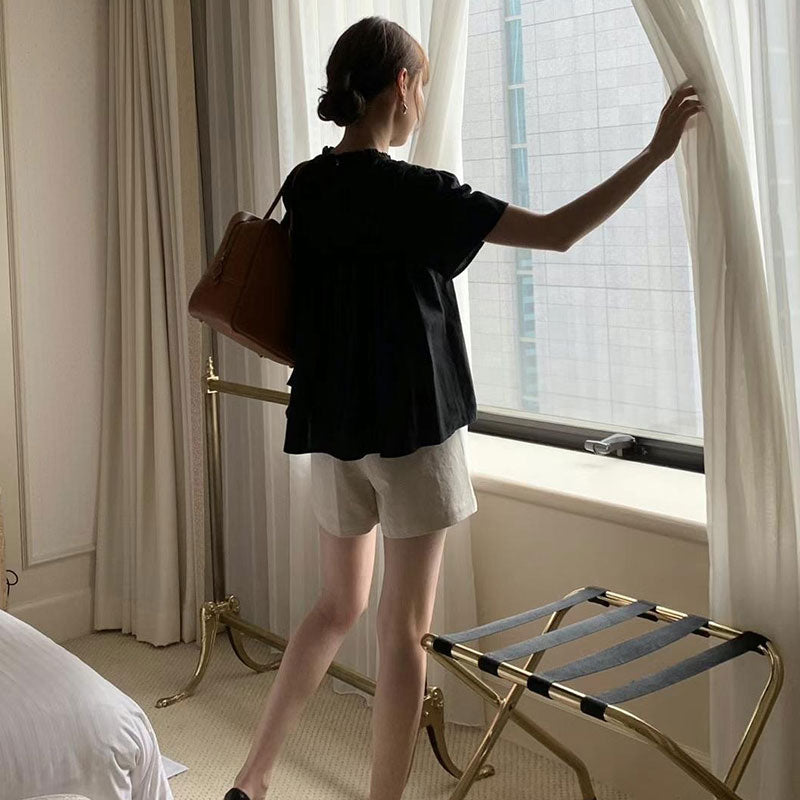 プリーツ半袖シャツトップス トップス — Reina Tokyo